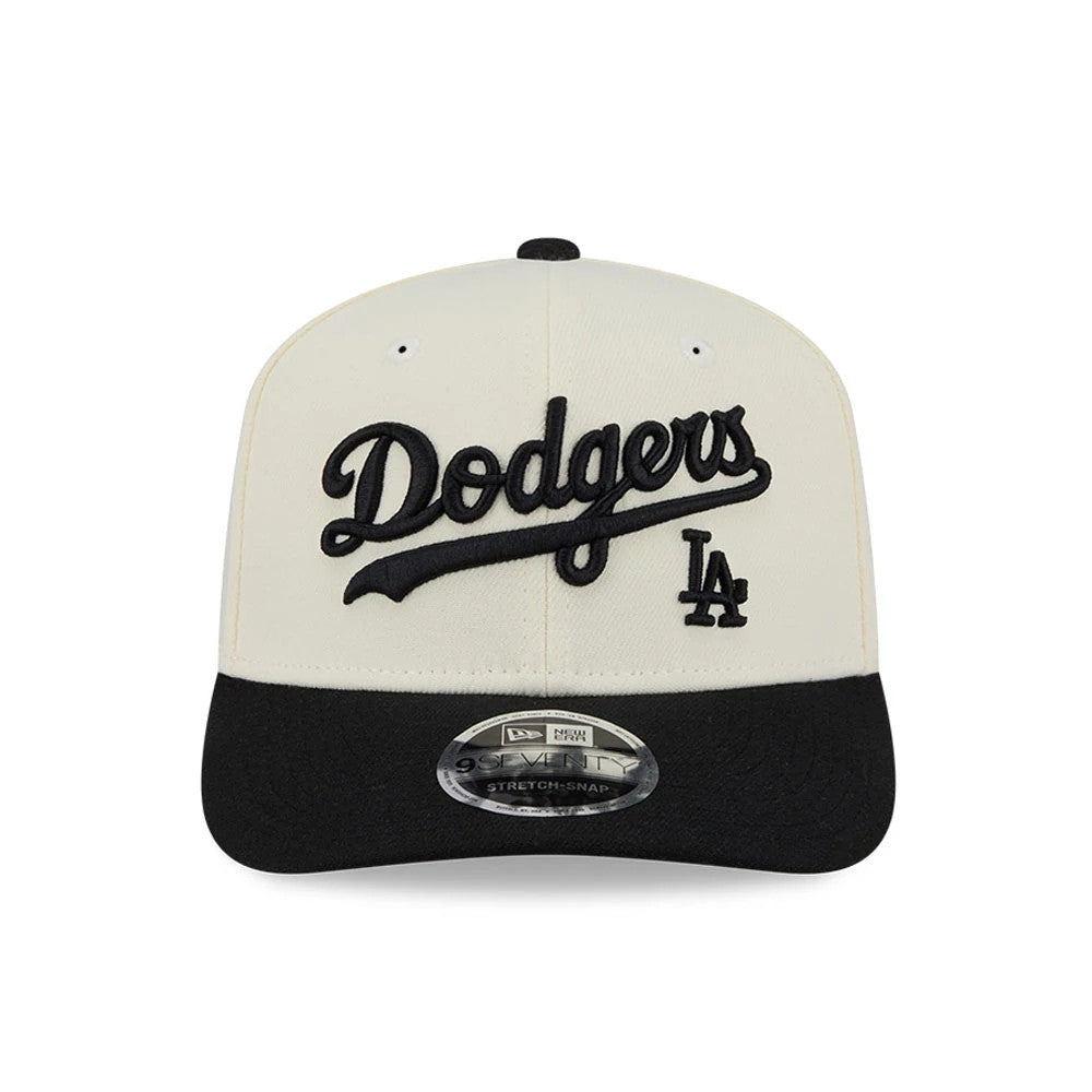 Pictured is this MLB 2 Tone LA Dodgers 9SEVENTY Stretch Snap cap in cream & black. 3