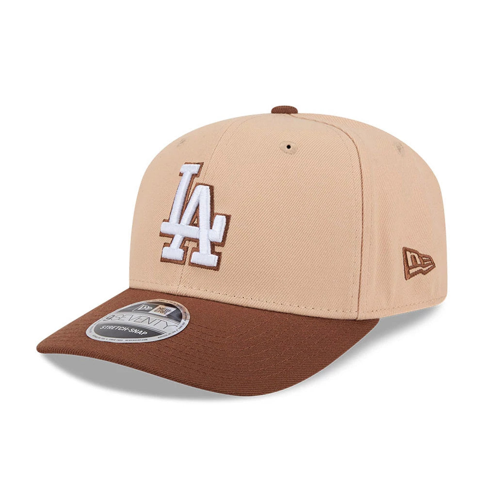 Pictured is this MLB Candied Pecan LA Dodgers 9SEVENTY Stretch Snap cap in beige. 1