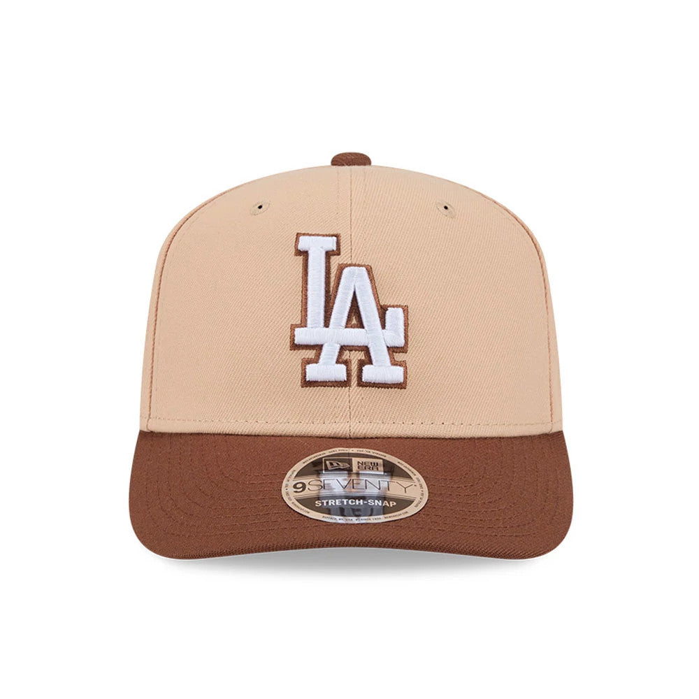 Pictured is this MLB Candied Pecan LA Dodgers 9SEVENTY Stretch Snap cap in beige. 3
