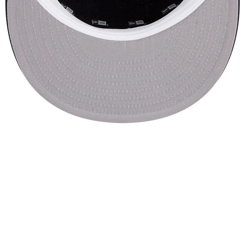 New Era New York Yankees MLB Cooperstown Navy Pillbox Adjustable Cap, inside view showing the grey undervisor, black sweatband with New Era logos, and black taping with white text lining the interior.
