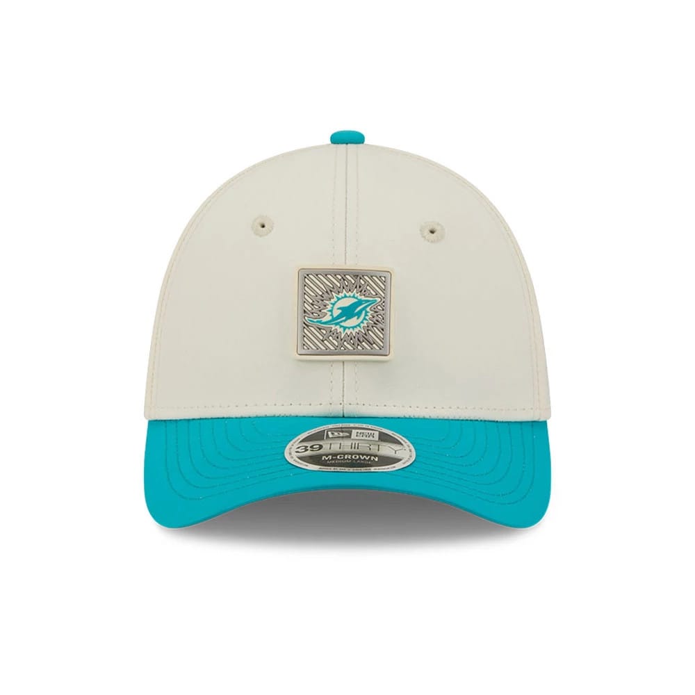 Pictured is this NFL Training 2026 Miami Dolphins 39THIRTY M-Crown Stretch Fit cap in white. 2