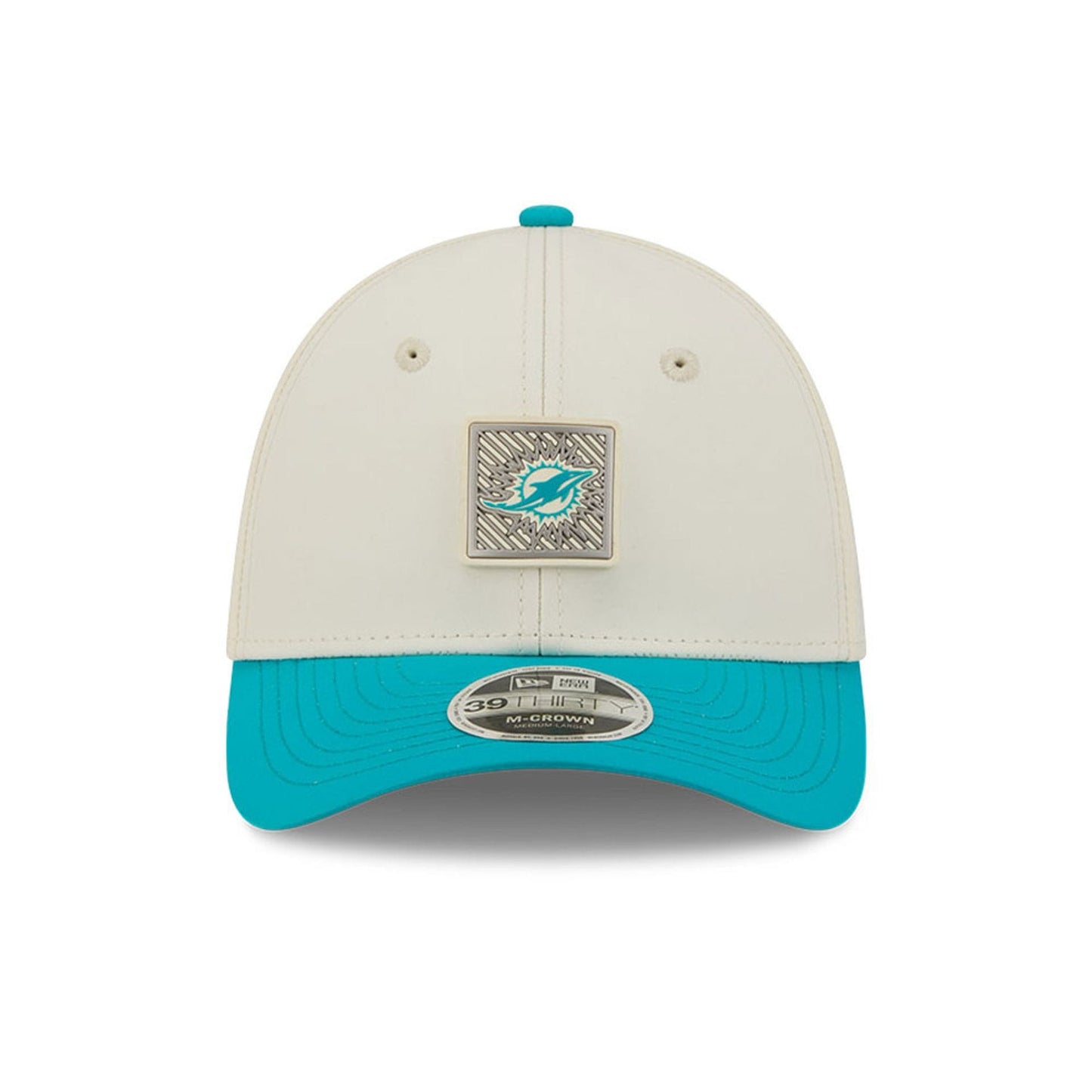 Pictured is this NFL Training 2026 Miami Dolphins 39THIRTY M-Crown Stretch Fit cap in white. 2