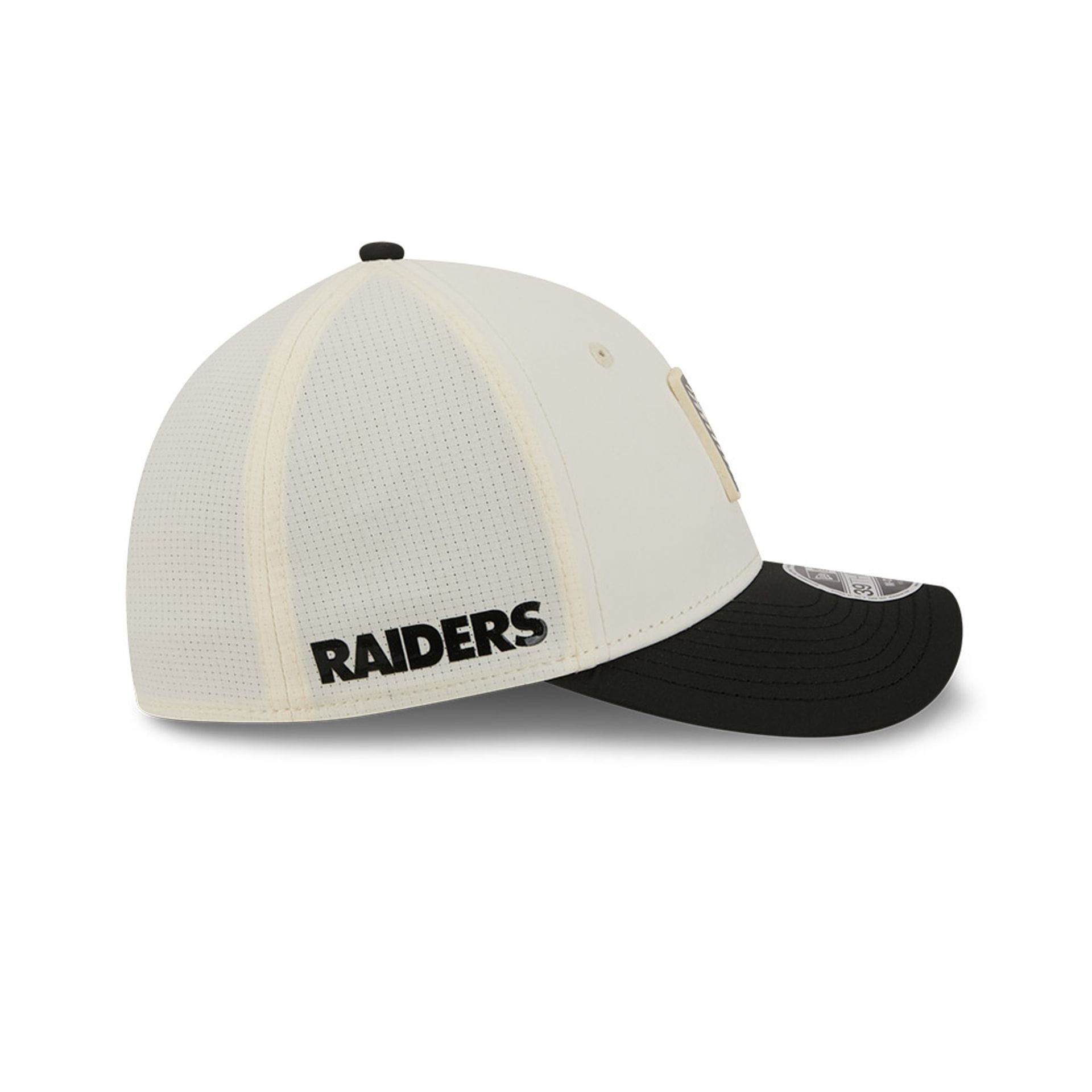 Pictured is this NFL Training 2026 Las Vegas Raiders 39THIRTY M-Crown Stretch Fit cap in white. 5