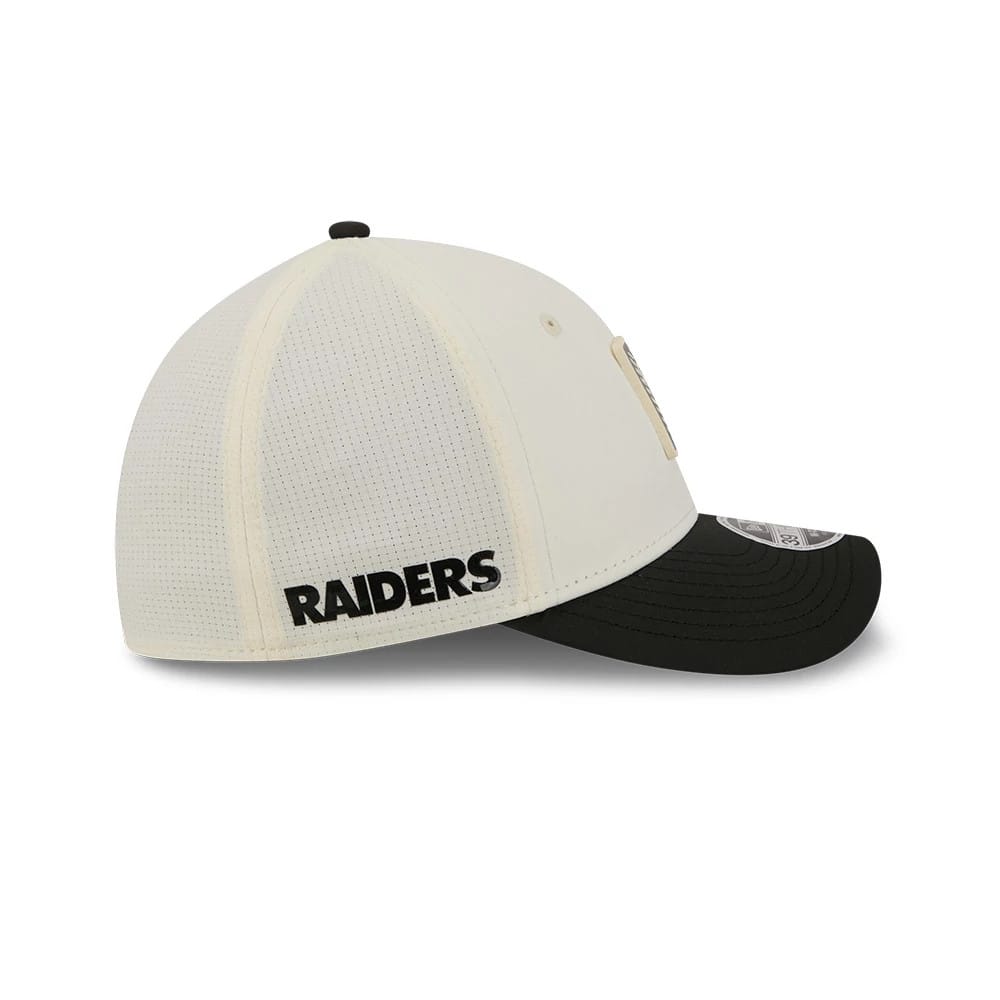 Pictured is this NFL Training 2026 Las Vegas Raiders 39THIRTY M-Crown Stretch Fit cap in white. 5