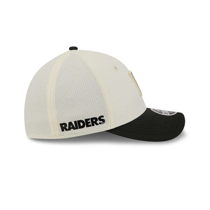 Pictured is this NFL Training 2026 Las Vegas Raiders 39THIRTY M-Crown Stretch Fit cap in white. 5