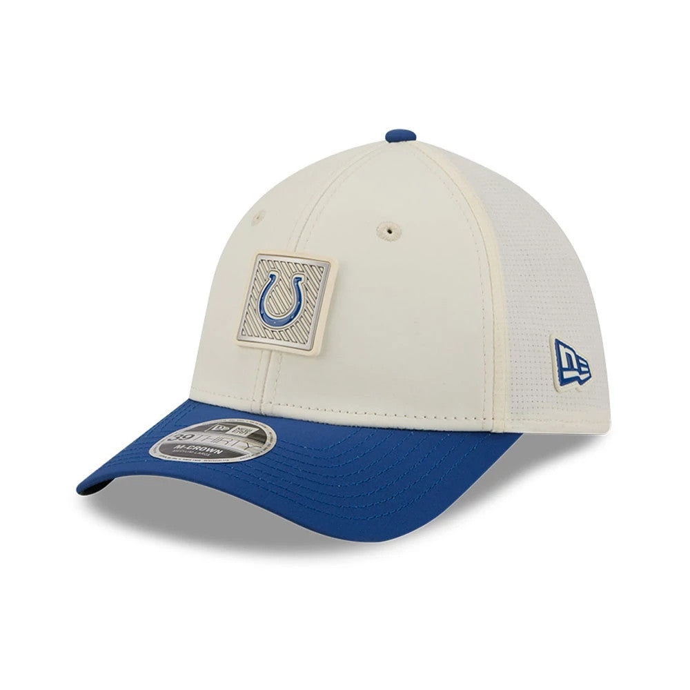 Pictured is this NFL Training 2026 Indianapolis Colts 39THIRTY M-Crown Stretch Fit cap in white. 3