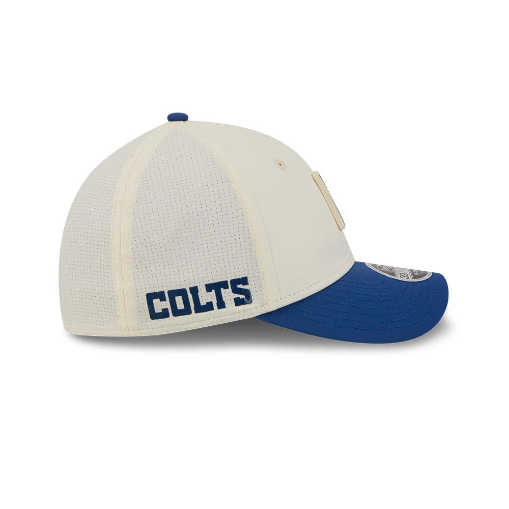 Pictured is this NFL Training 2026 Indianapolis Colts 39THIRTY M-Crown Stretch Fit cap in white. 4
