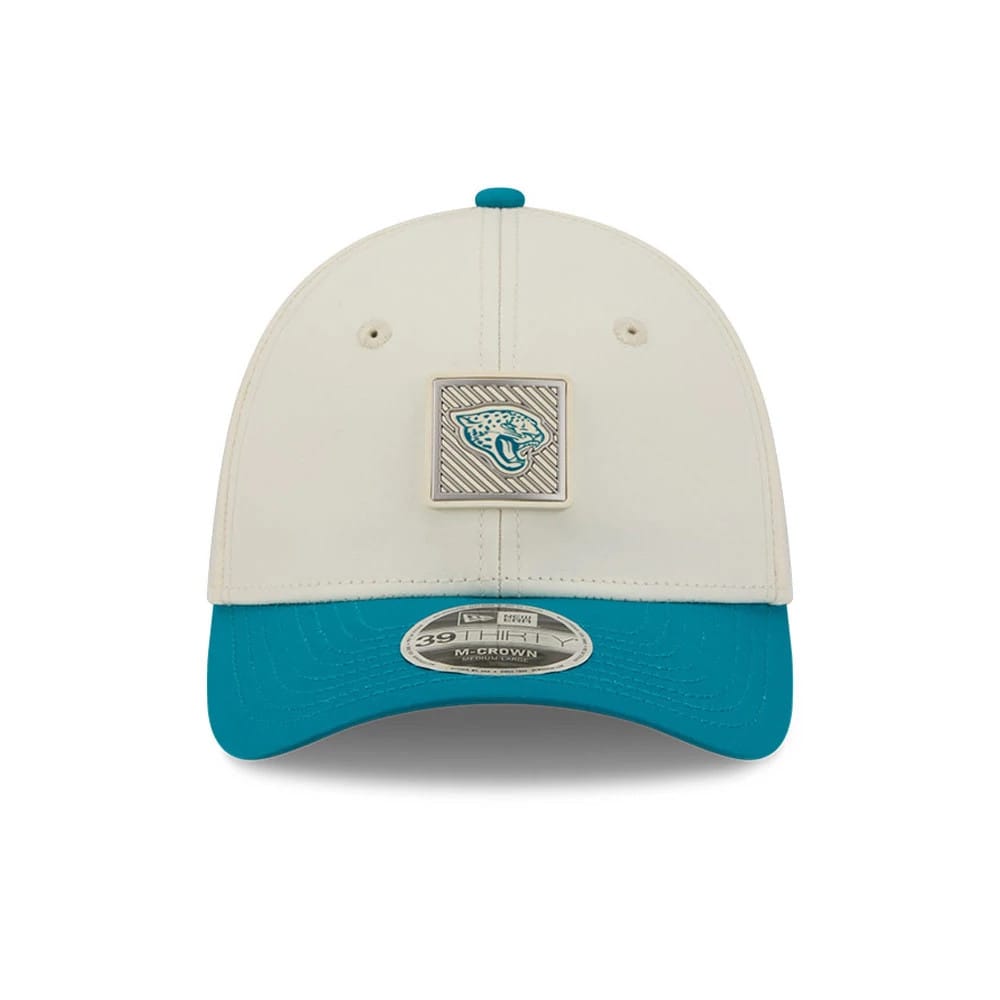 Pictured is this NFL Training 2026 Jacksonville Jaguars 39THIRTY M-Crown Stretch Fit cap in white. 2