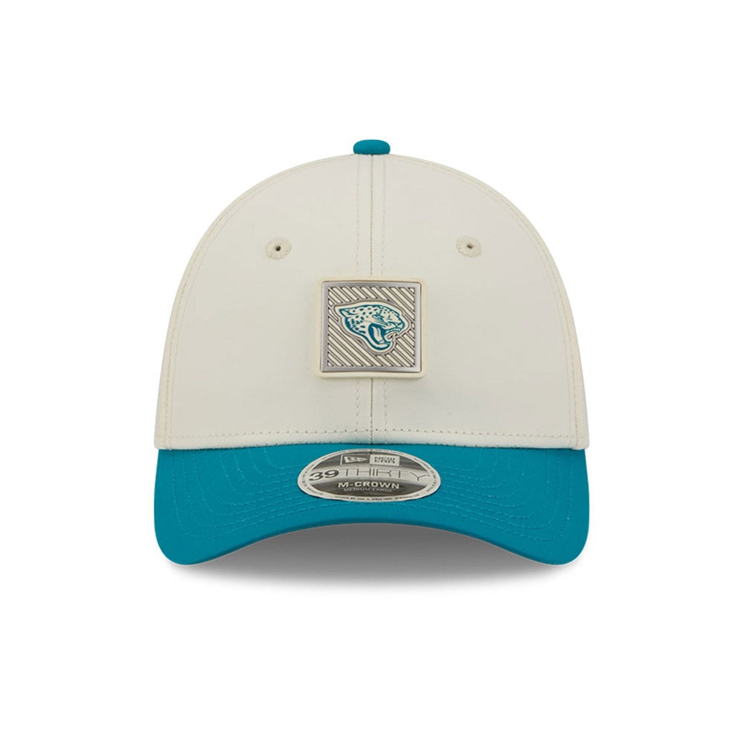 Pictured is this NFL Training 2026 Jacksonville Jaguars 39THIRTY M-Crown Stretch Fit cap in white. 2