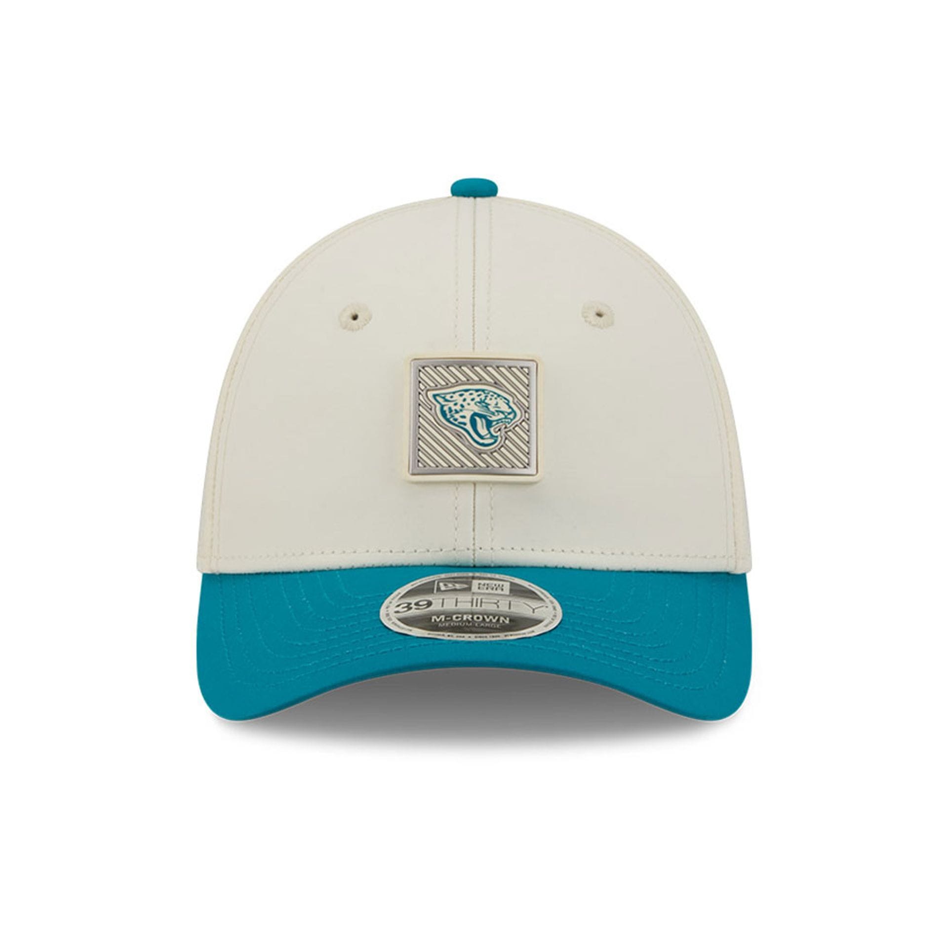 Pictured is this NFL Training 2026 Jacksonville Jaguars 39THIRTY M-Crown Stretch Fit cap in white. 2