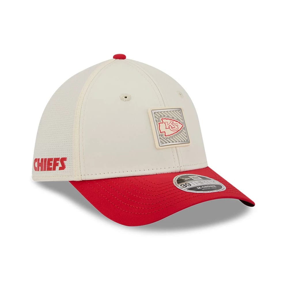 Pictured is this NFL Training 2026 Kansas City Chiefs 39THIRTY M-Crown Stretch Fit cap in white. 1
