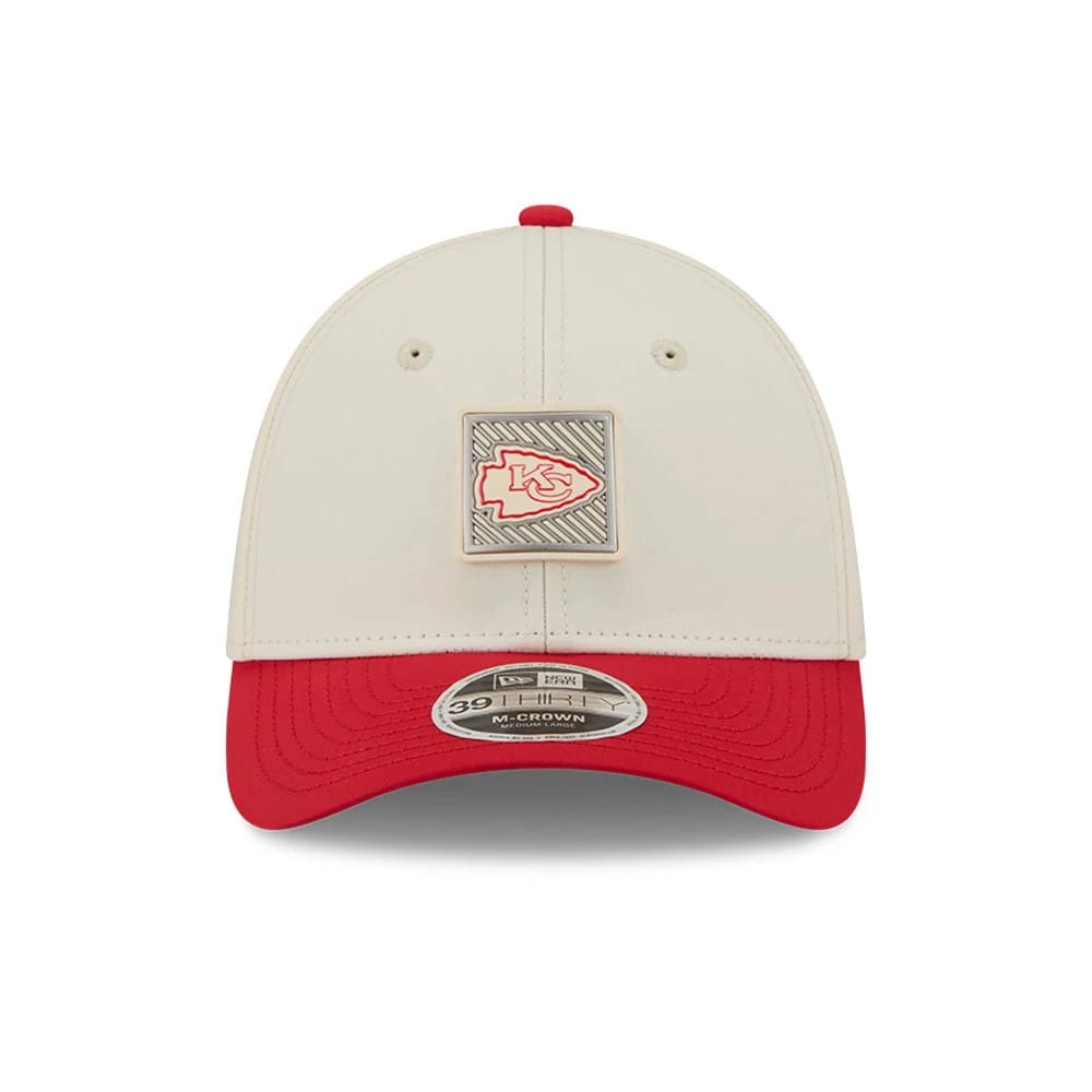 Pictured is this NFL Training 2026 Kansas City Chiefs 39THIRTY M-Crown Stretch Fit cap in white. 2