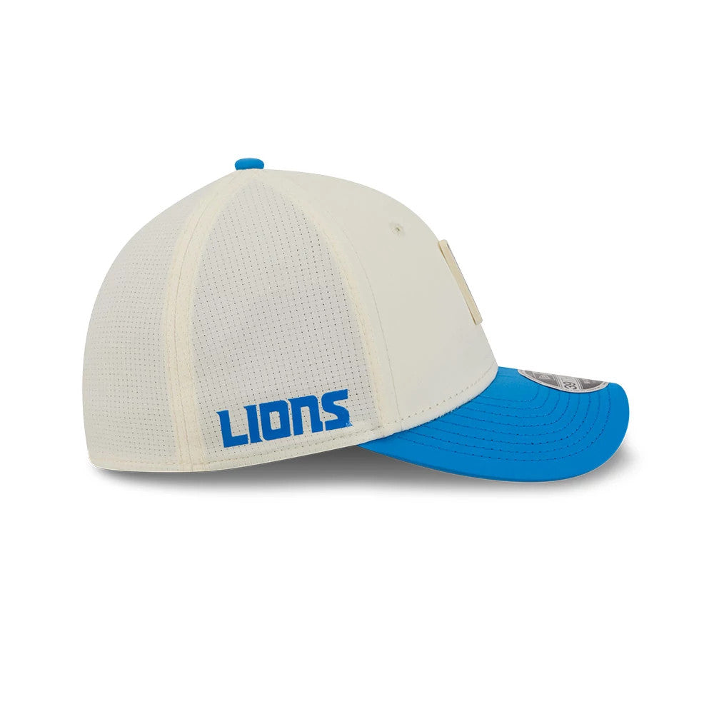 Pictured is this NFL Training 2026 Detroit Lions 39THIRTY M-Crown Stretch Fit cap in white. 5