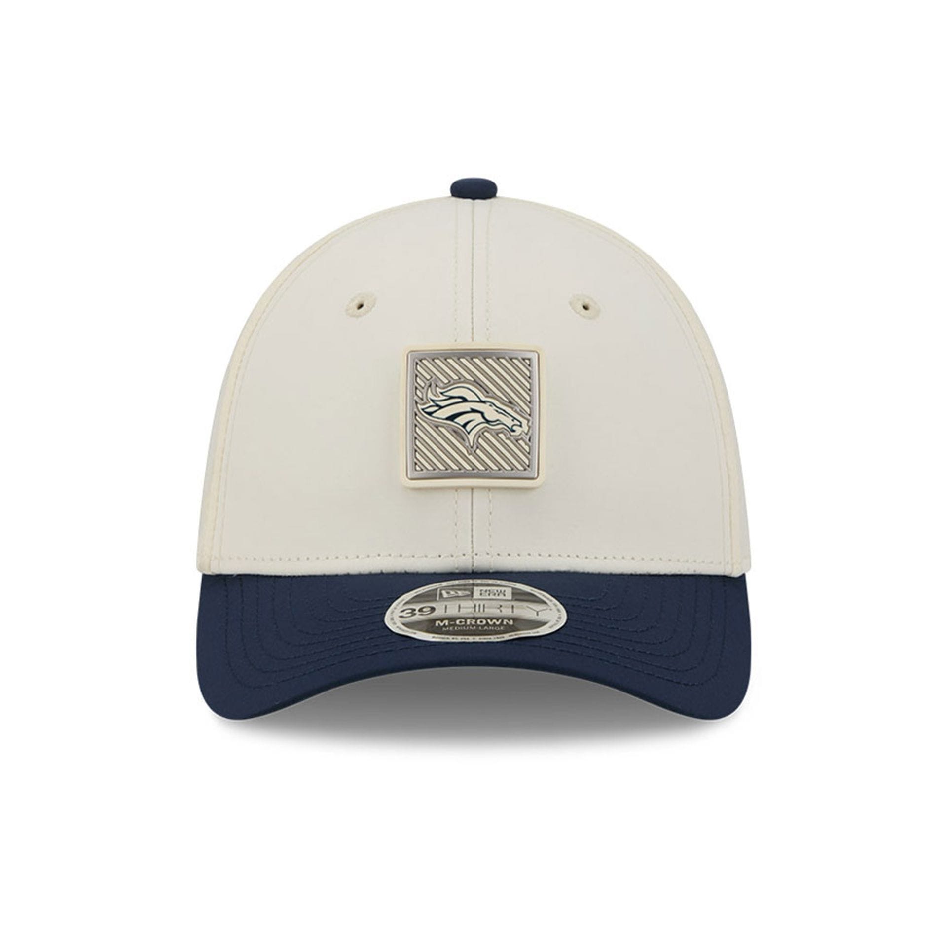 Pictured is this NFL Training 2026 Denver Broncos 39THIRTY M-Crown Stretch Fit cap in white. 2