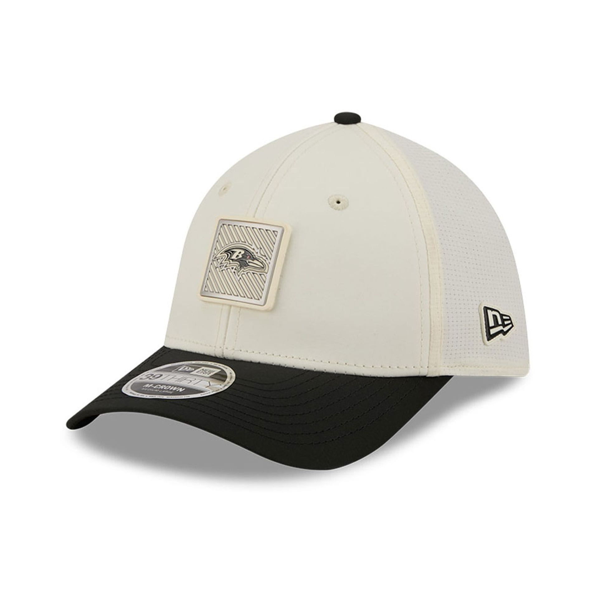Pictured is this NFL Training 2026 Baltimore Ravens 39THIRTY M-Crown Stretch Fit cap in white. 3