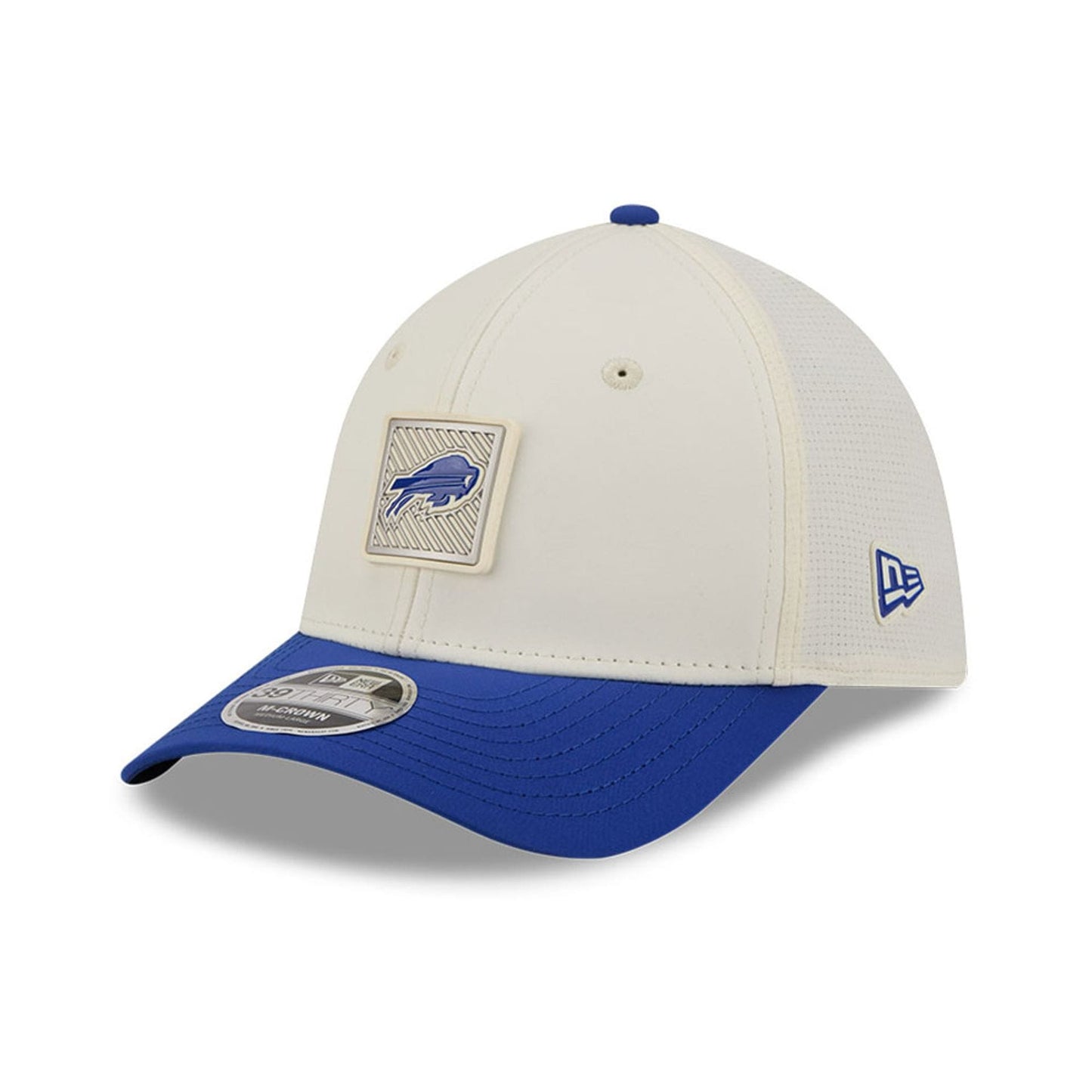 Pictured is this NFL Training 2026 Buffalo Bills 39THIRTY M-Crown Stretch Fit cap in white. 3
