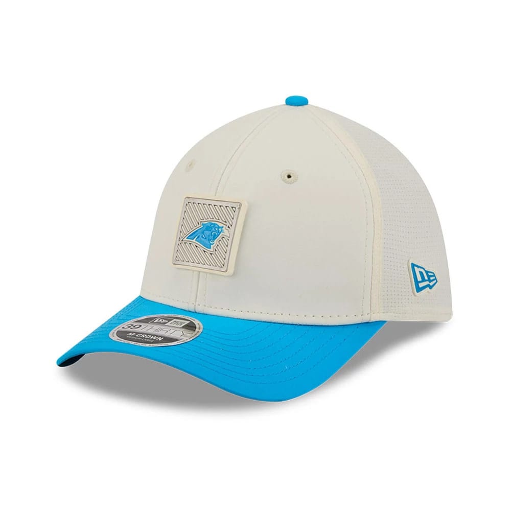Pictured is this NFL Training 2026 Carolina Panthers 39THIRTY M-Crown Stretch Fit cap in white. 3