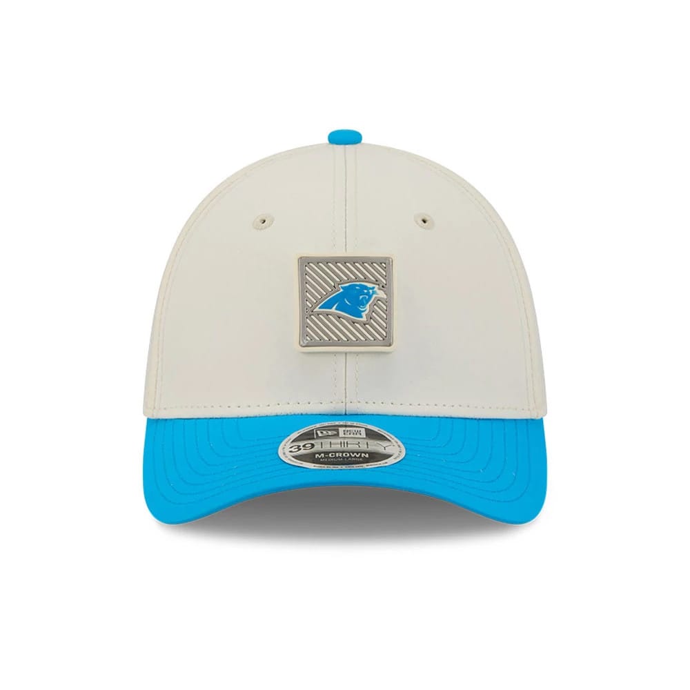Pictured is this NFL Training 2026 Carolina Panthers 39THIRTY M-Crown Stretch Fit cap in white. 2
