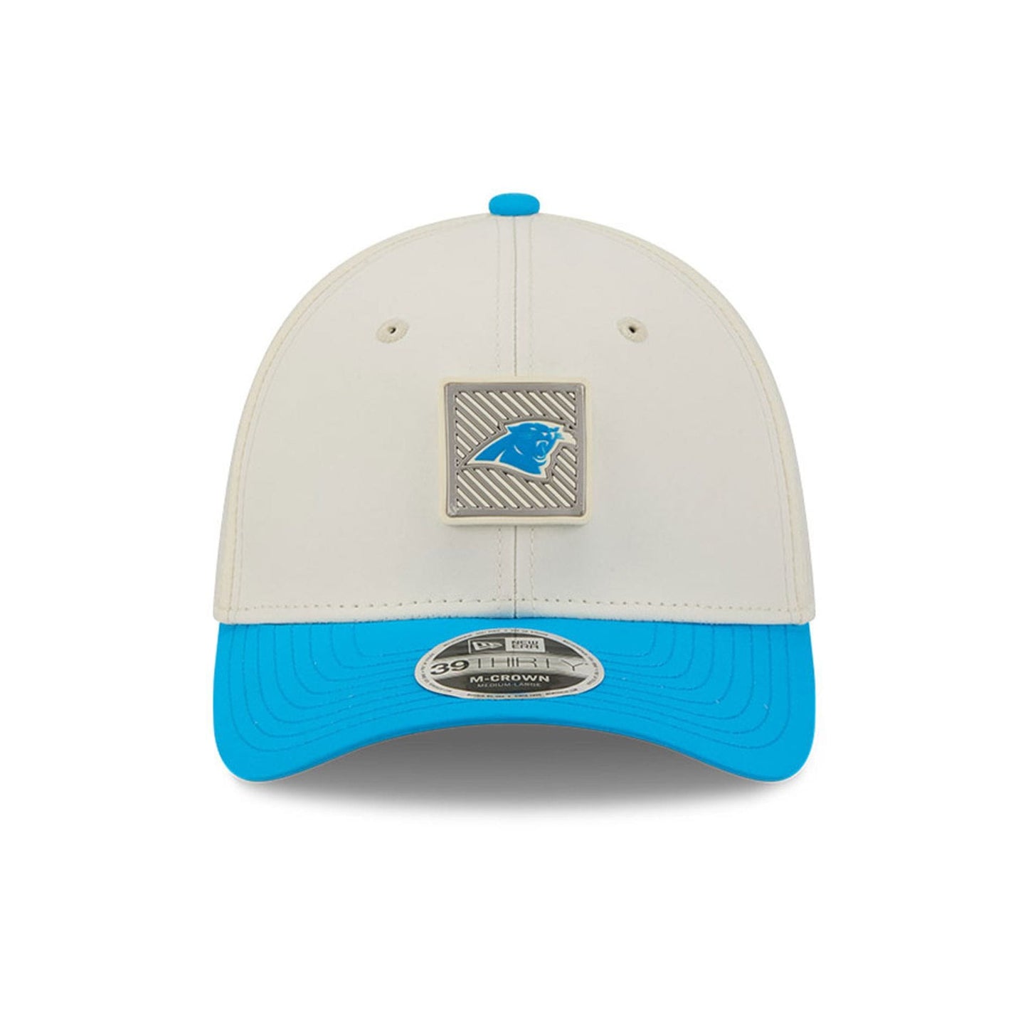 Pictured is this NFL Training 2026 Carolina Panthers 39THIRTY M-Crown Stretch Fit cap in white. 2