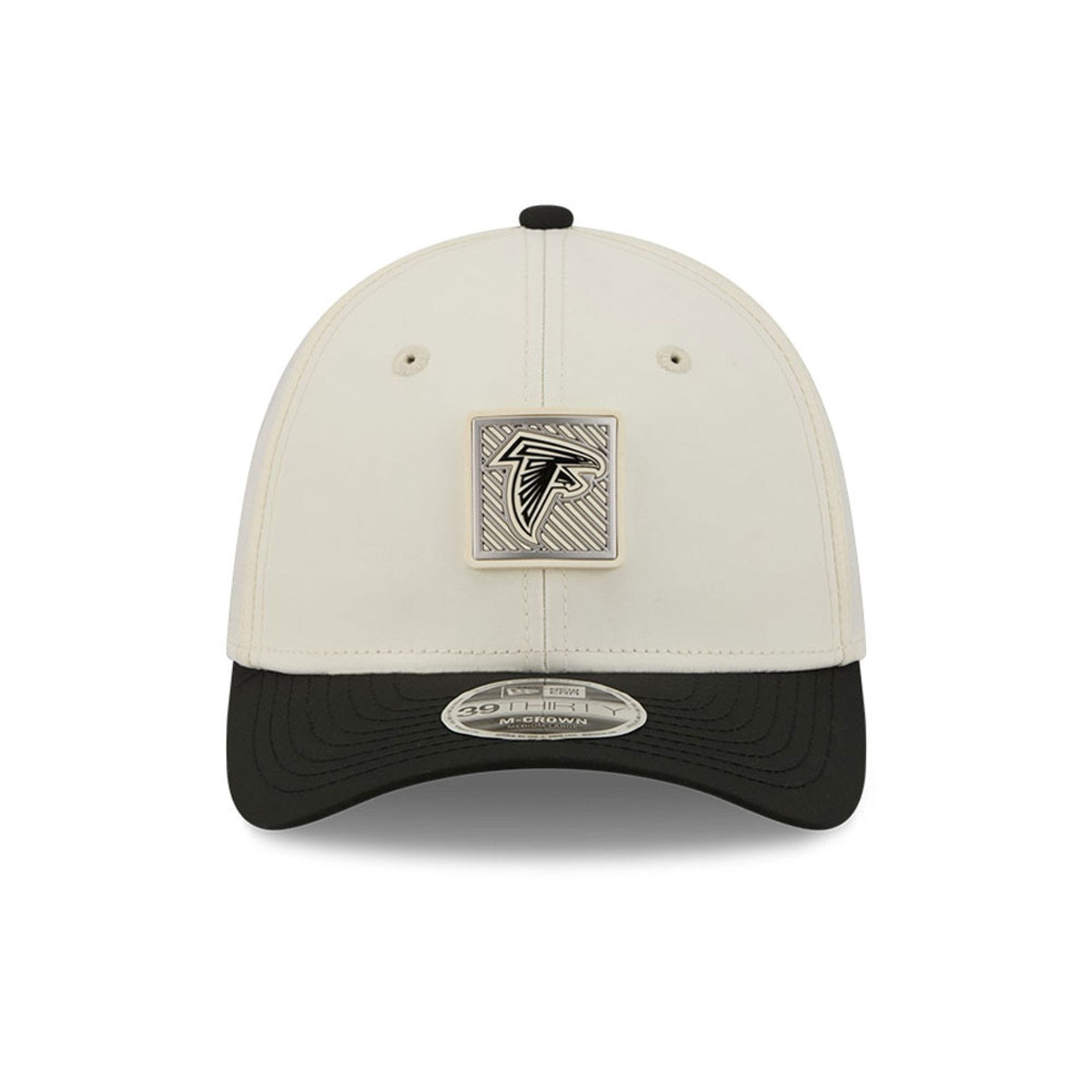 Pictured is this NFL Training 2026 Atlanta Falcons 39THIRTY M-Crown Stretch Fit cap in white. 2