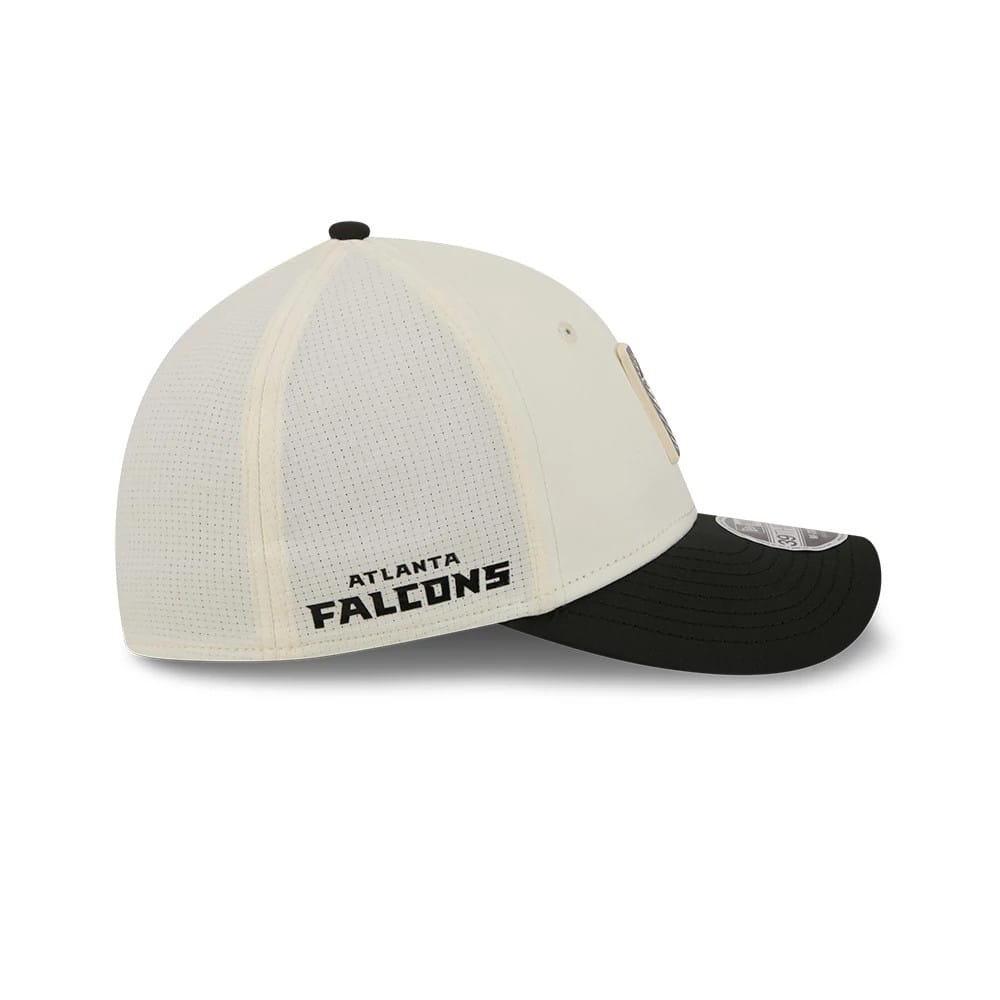 Pictured is this NFL Training 2026 Atlanta Falcons 39THIRTY M-Crown Stretch Fit cap in white. 5