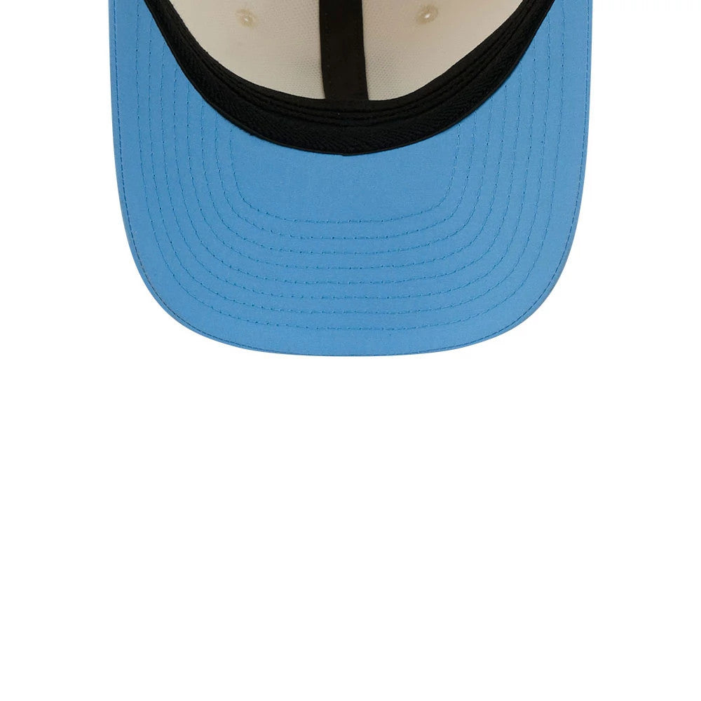 Tennessee Titans NFL Training 2026 White New Era 39THIRTY M-Crown Stretch Fit Cap, inside view showing the light blue undervisor, black interior taping running along the seams, and the white sweatband lining the structured crown.