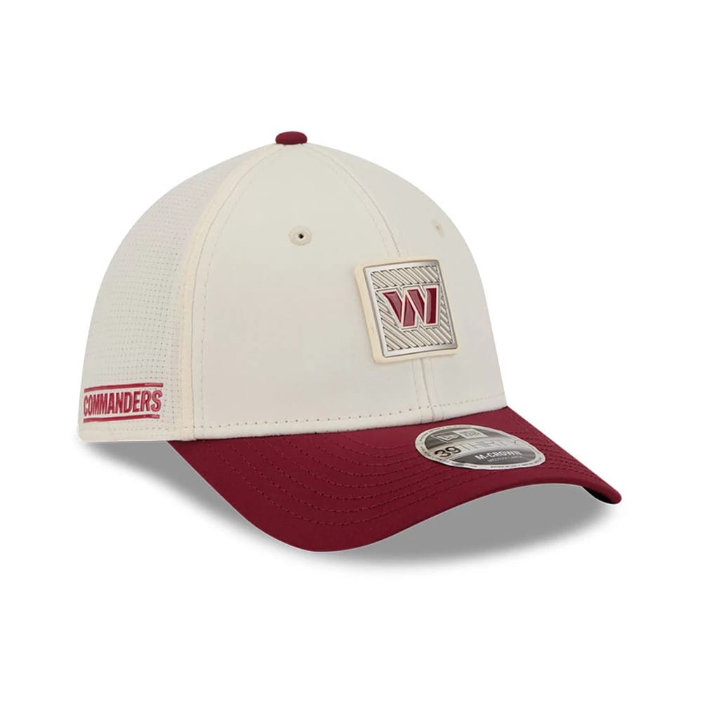 Pictured is this NFL Training 2026 Washington Commanders 39THIRTY M-Crown Stretch Fit cap in white. 1