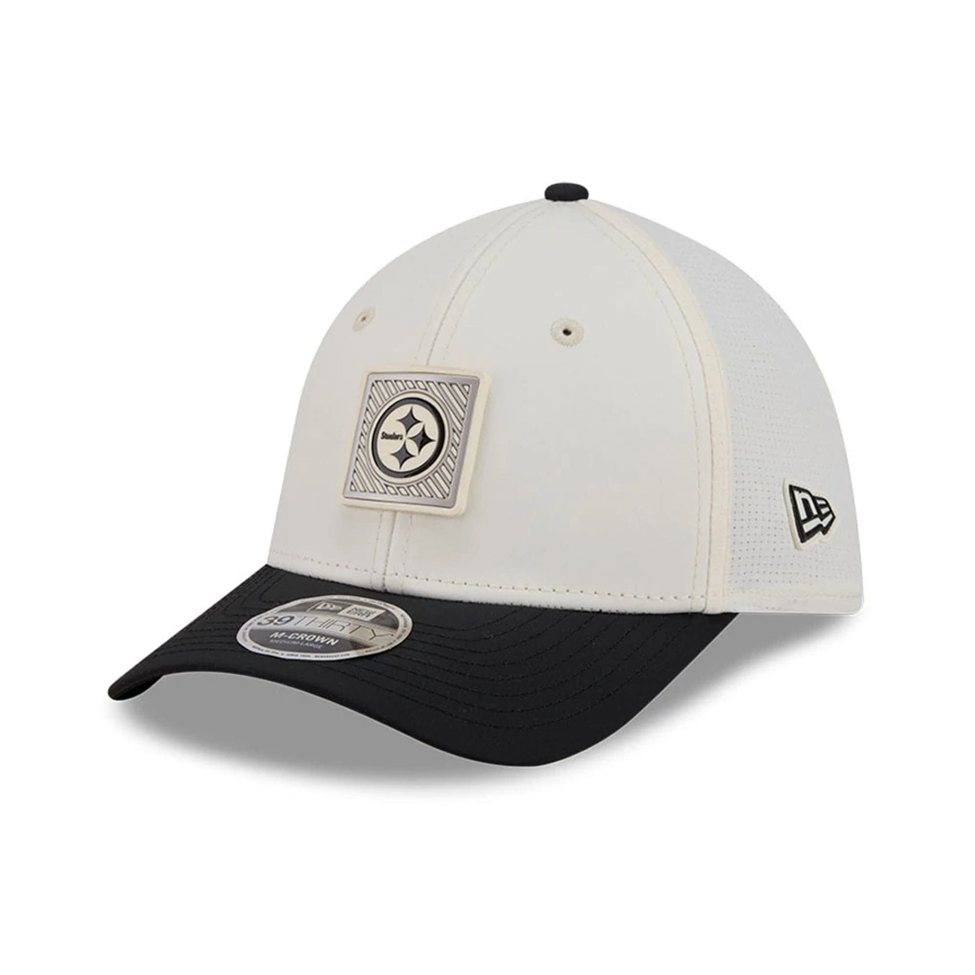 Pictured is this NFL Training 2026 Pittsburgh Steelers 39THIRTY M-Crown Stretch Fit cap in white. 3