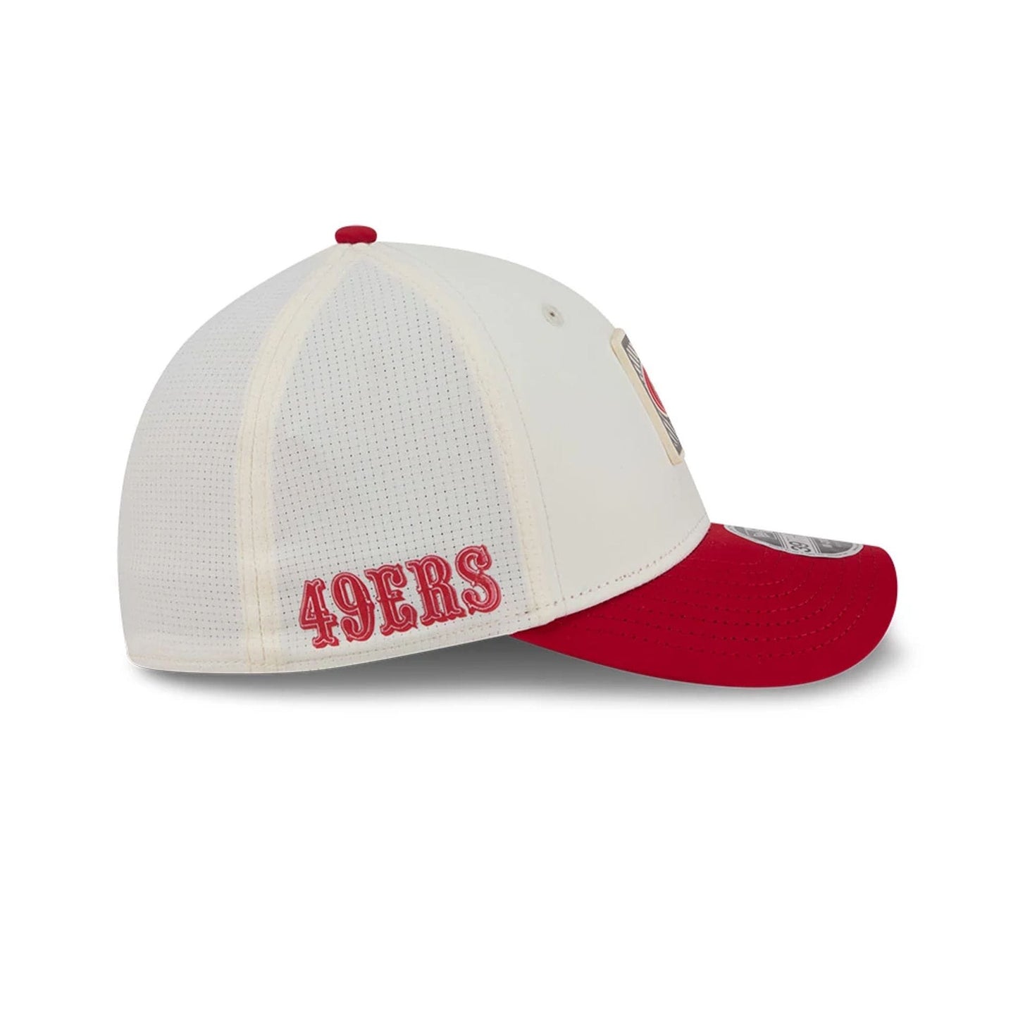 Pictured is this NFL Training 2026 San Francisco 49ers 39THIRTY M-Crown Stretch Fit cap in white. 4