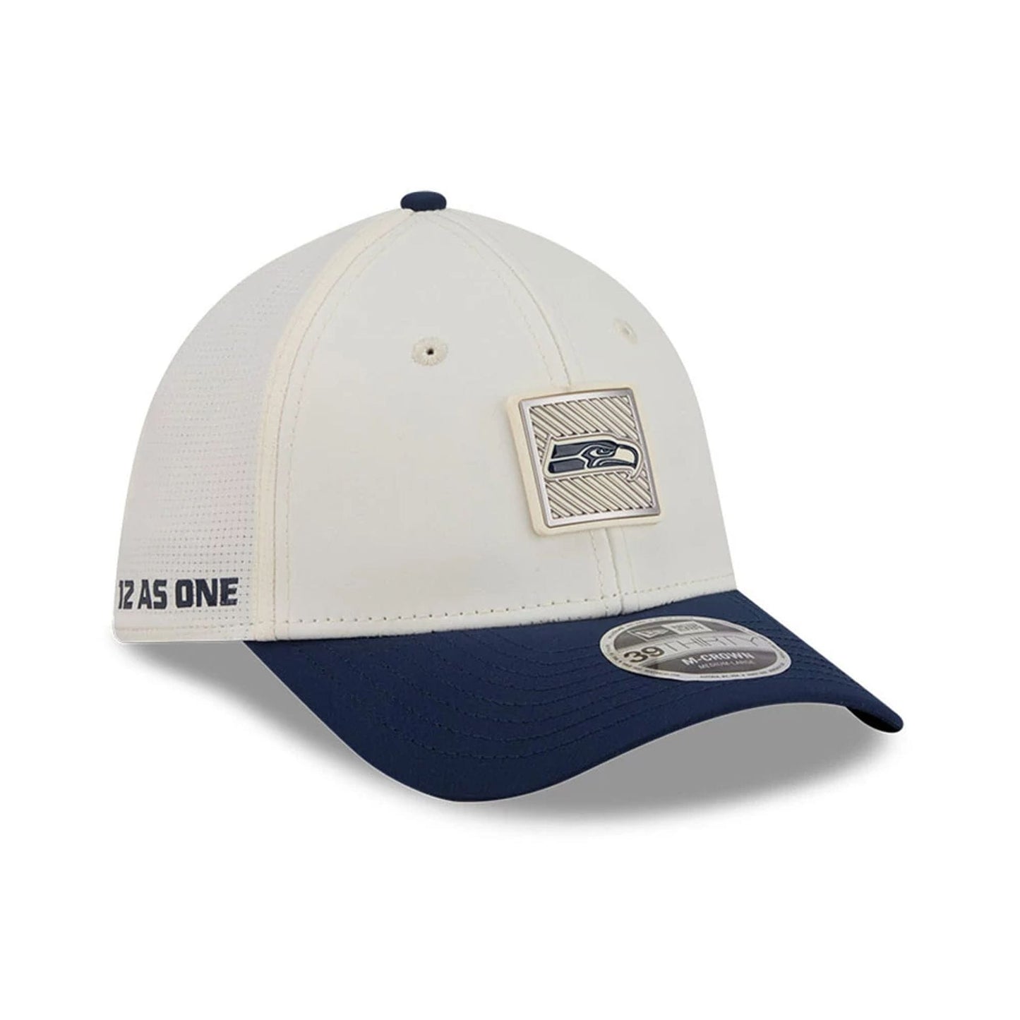 Pictured is this NFL Training 2026 Seattle Seahawks 39THIRTY M-Crown Stretch Fit cap in white. 1
