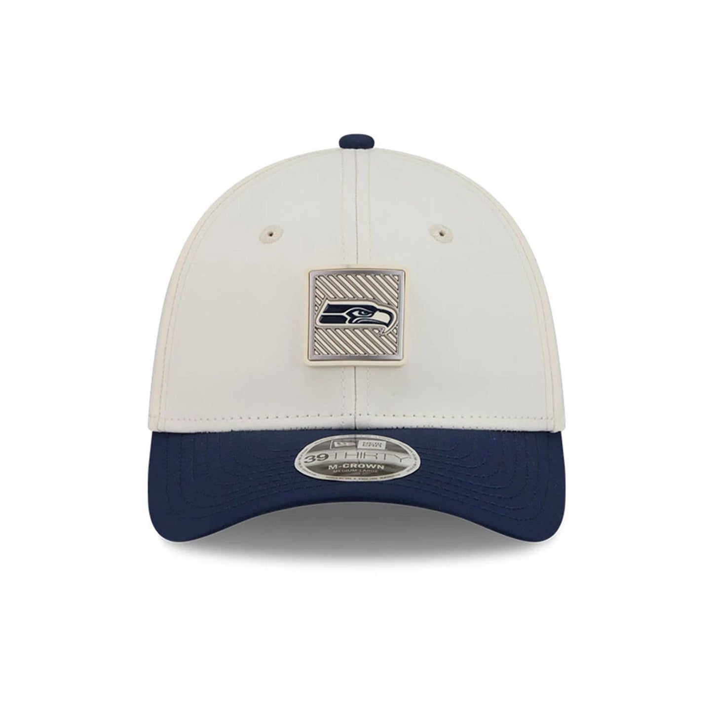 Pictured is this NFL Training 2026 Seattle Seahawks 39THIRTY M-Crown Stretch Fit cap in white. 2