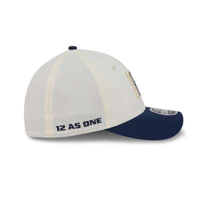 Pictured is this NFL Training 2026 Seattle Seahawks 39THIRTY M-Crown Stretch Fit cap in white. 4