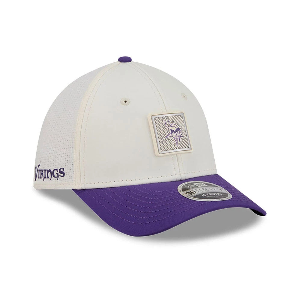 Pictured is this NFL Training 2026 Minnesota Vikings 39THIRTY M-Crown Stretch Fit cap in white. 1