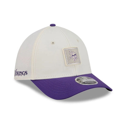 Pictured is this NFL Training 2026 Minnesota Vikings 39THIRTY M-Crown Stretch Fit cap in white. 1