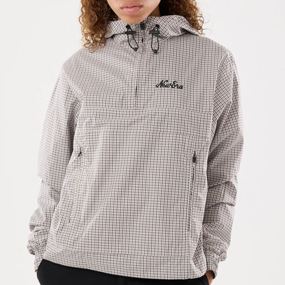 The model is wearing this Womens New Era Check Oversized Windbreaker Jacket in beige. 3