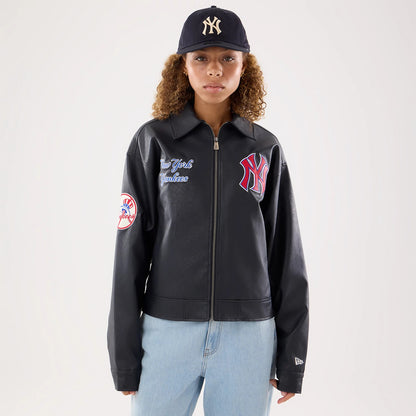 The model is wearing this Womens MLB New York Yankees Collared Jacket in navy. 1