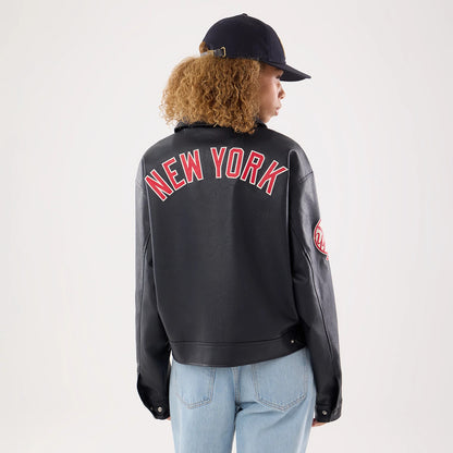 The model is wearing this Womens MLB New York Yankees Collared Jacket in black. 2