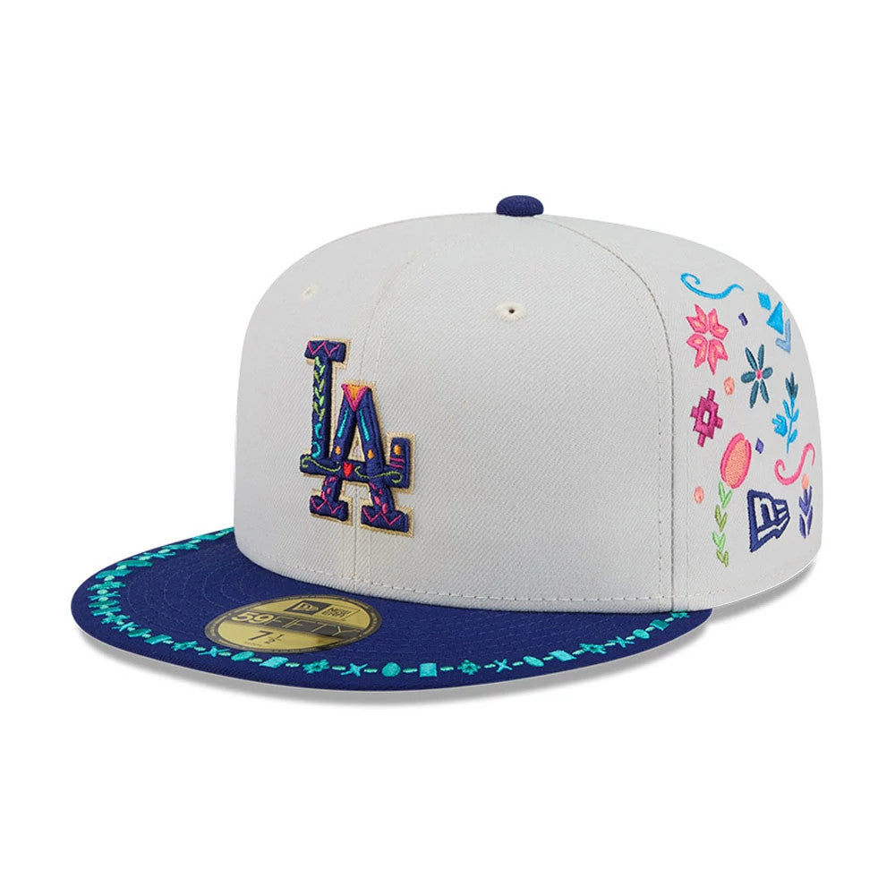 Pictured is this MLB Heritage LA Dodgers 59FIFTY Fitted cap in light beige. 1