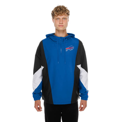 The model is wearing this NFL Buffalo Bills Windbreaker Jacket in blue. 1