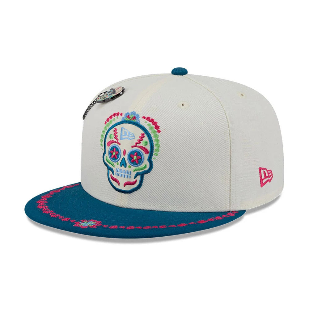 Pictured is this New Era Day Of The Dead 59FIFTY Fitted cap in light beige & blue. 4