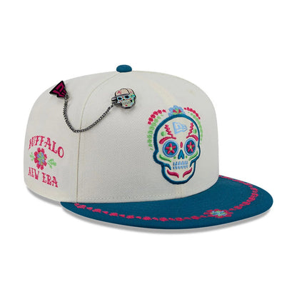 Pictured is this New Era Day Of The Dead 59FIFTY Fitted cap in light beige & blue. 1