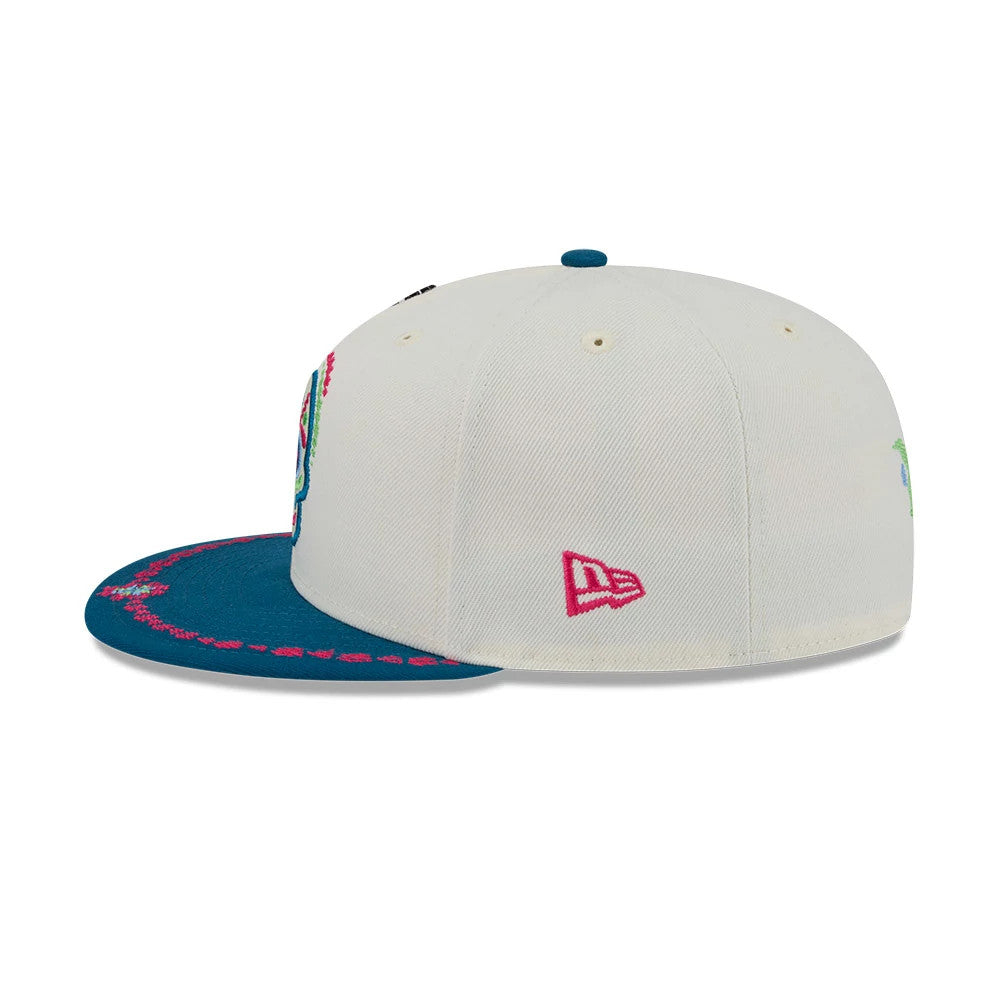 Pictured is this New Era Day Of The Dead 59FIFTY Fitted cap in light beige & blue. 6