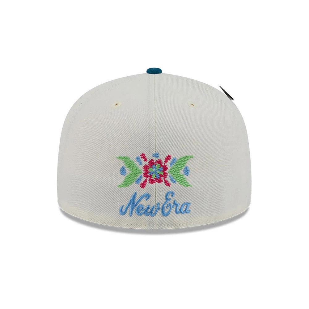 Pictured is this New Era Day Of The Dead 59FIFTY Fitted cap in light beige & blue. 7