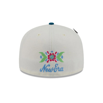 Pictured is this New Era Day Of The Dead 59FIFTY Fitted cap in light beige & blue. 7