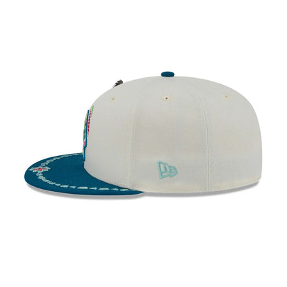 Pictured is this MLB Day Of The Dead LA Dodgers 59FIFTY Fitted cap in light beige & blue. 6