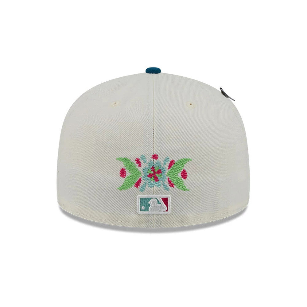 Pictured is this MLB Day Of The Dead LA Dodgers 59FIFTY Fitted cap in light beige & blue. 7