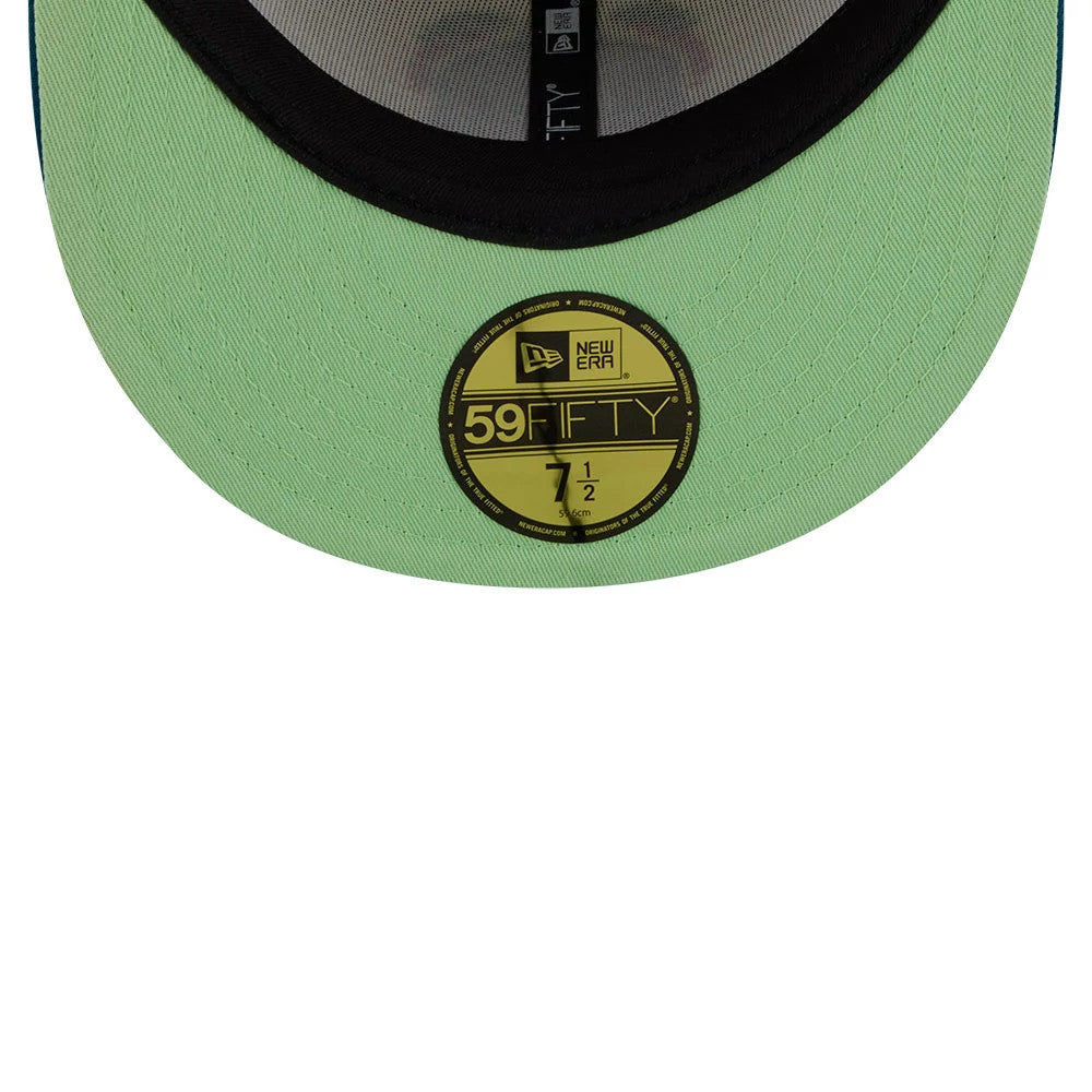 Pictured is this MLB Day Of The Dead LA Dodgers 59FIFTY Fitted cap in light beige & blue. 2