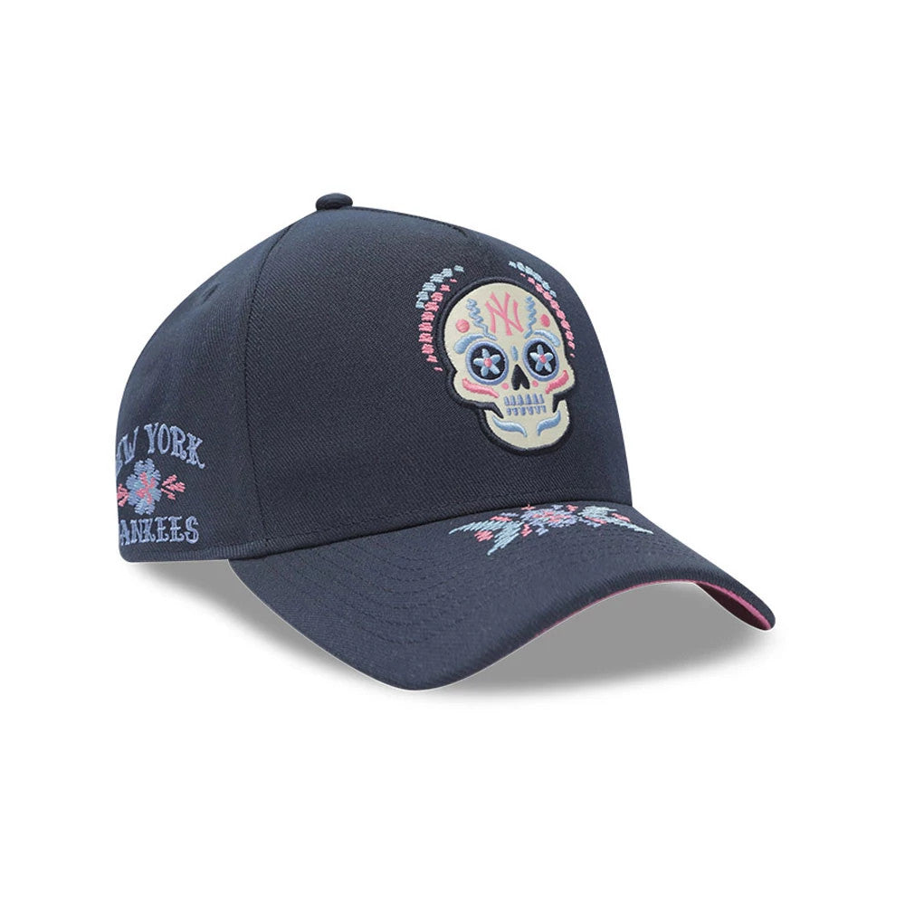 Pictured is this MLB Day Of The Dead New York Yankees 9FORTY A-Frame cap in dark blue. 1