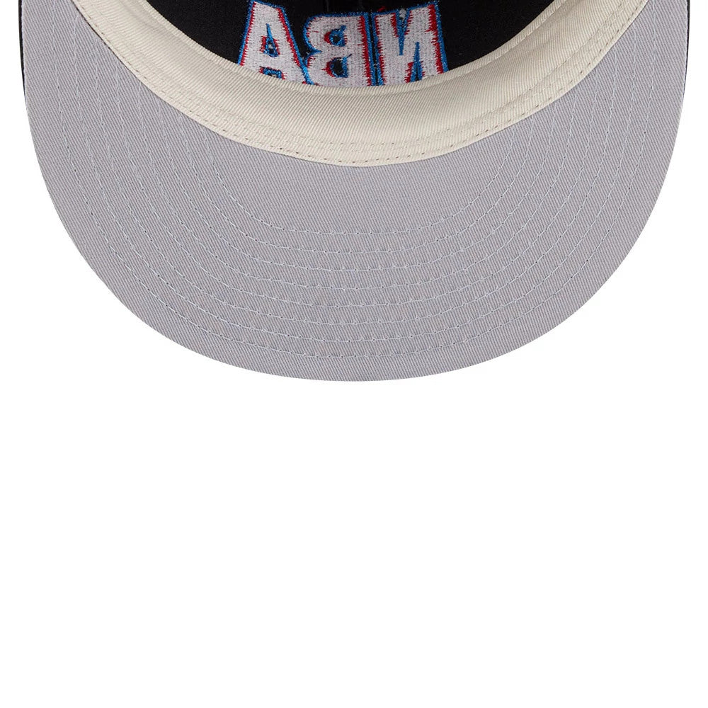 FOG x NBA Logo Black Retro Crown New Era 9FIFTY Snapback Adjustable Cap, inside view showing the grey undervisor, cream sweatband and NBA logo taping arranged against the black interior panels.