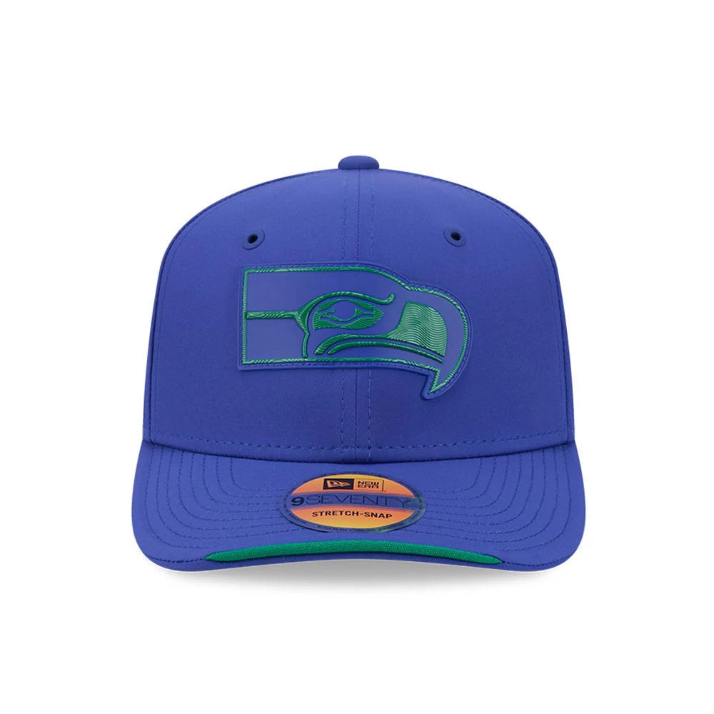 Pictured is this NFL Sideline 2026 Seattle Seahawks 9SEVENTY Stretch Snap cap in blue. 2